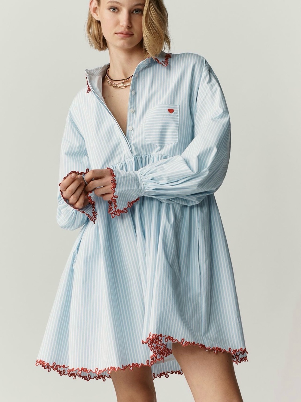 Anthropologie Maeve Light Blue Striped Mini Dress with Red Trim oversized fit